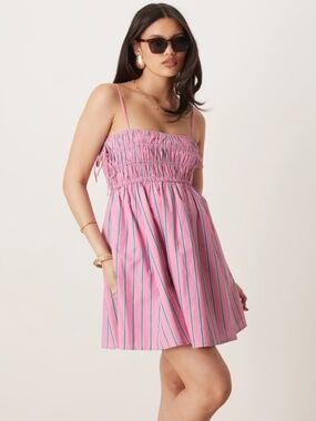 Abercrombie & Fitch Babydoll Smocked Poplin Mini Dress in Pink and Blue Stripes